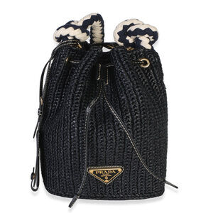 Prada Black Yarn Raffia Effect Crochet Mini Drawstring Bucket Bag